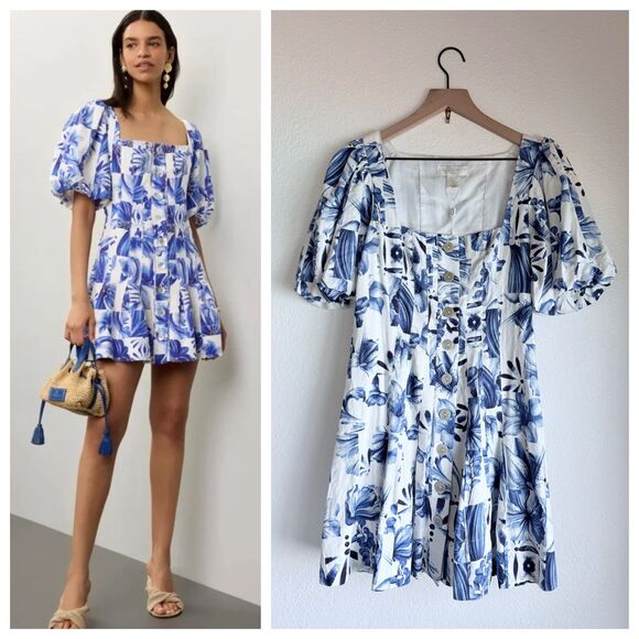 Caroline Constas Dresses & Skirts - NEW Caroline Constas Button Front Hibiscus Tile Dress in Blue & White Size 4